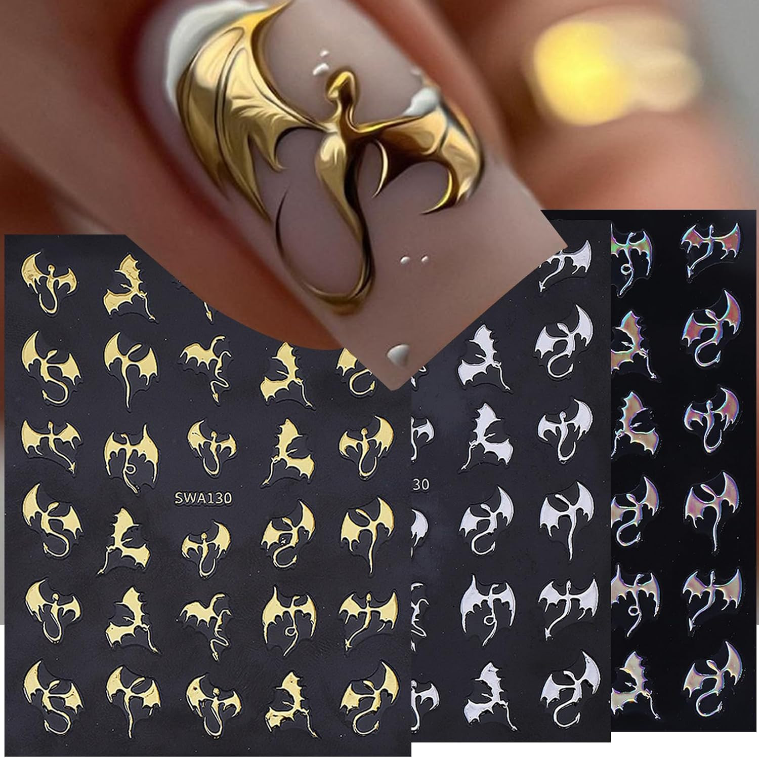 Gothic 5D Nail Art Stickers 10 PCS Embossed Skeleton Y2K Nail Decals Golden Rose