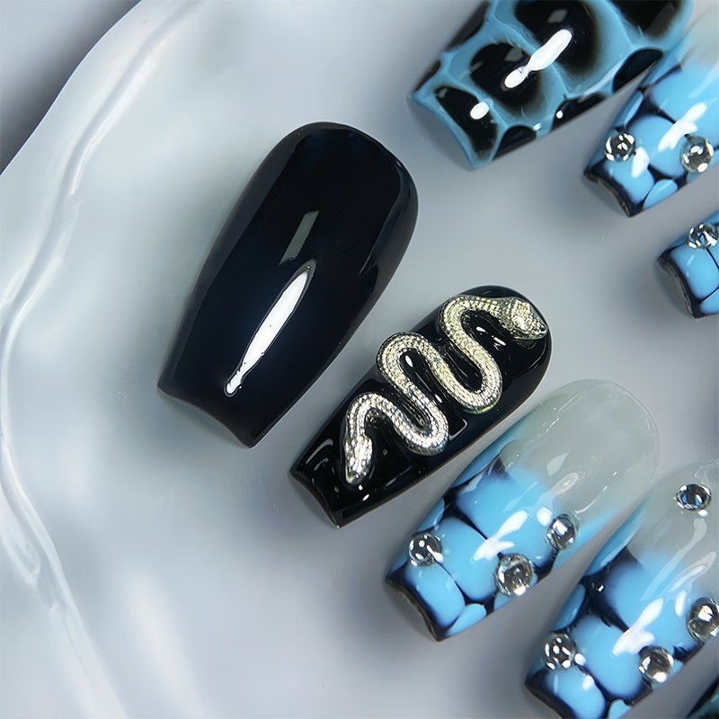 Press-on Nails Rectangular Snake Shape Hand Painted Flower Press-on Nails