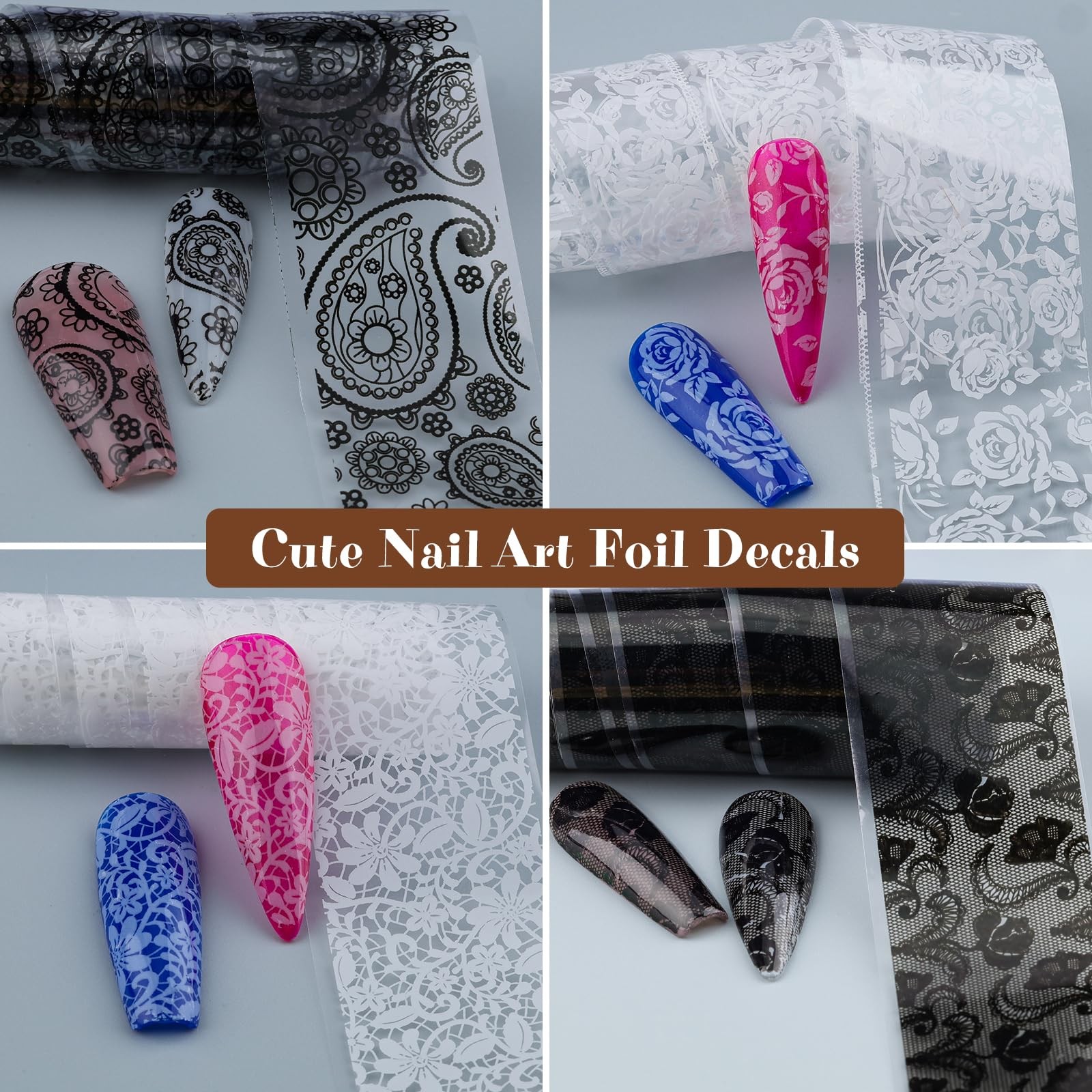 Lace Nail Foil Transfer Sheets, 10 Rolls Black White Flower Art