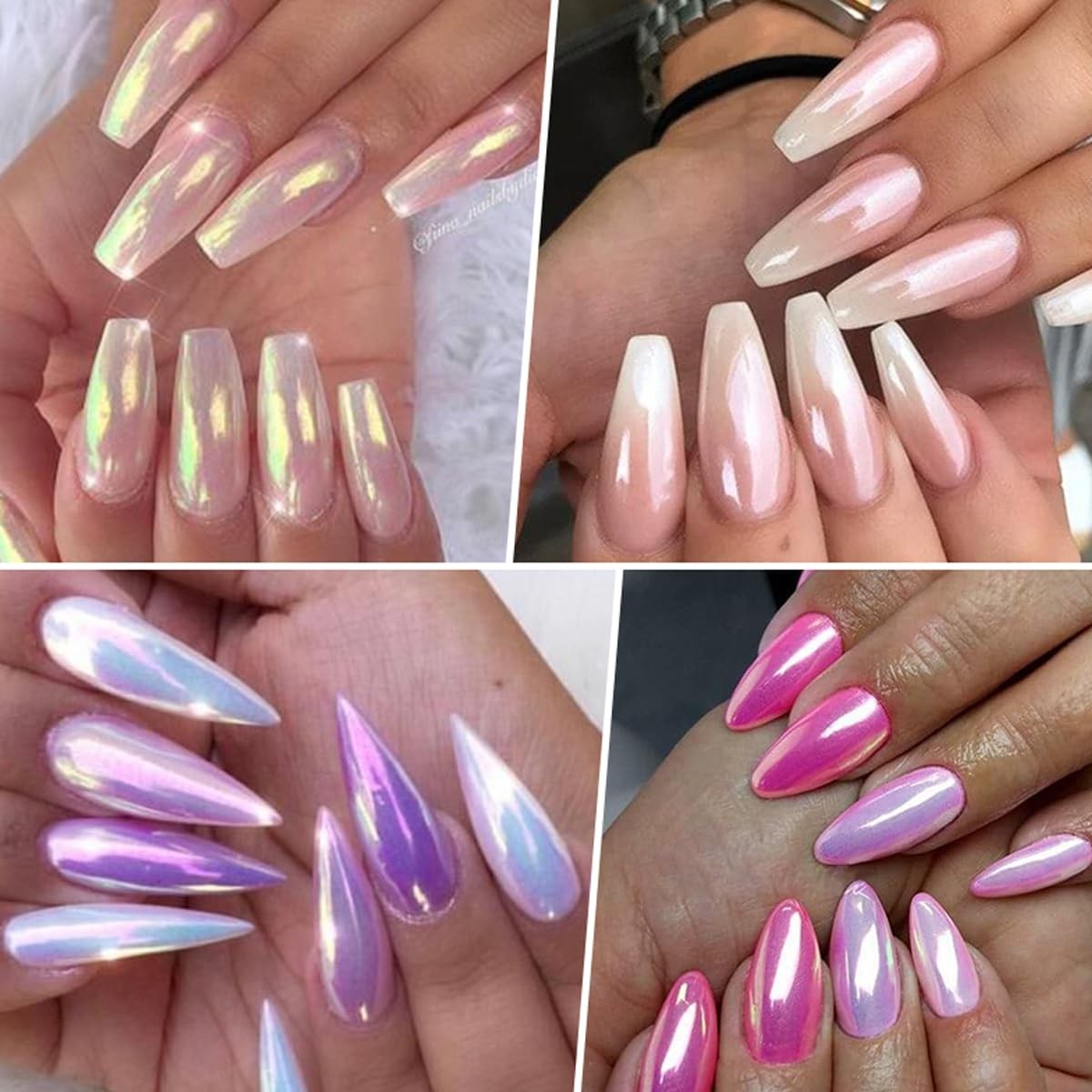 6 Jars Mermaid Chrome Nail Powder Aurora Blue, Pink, Yellow, Purple, White
