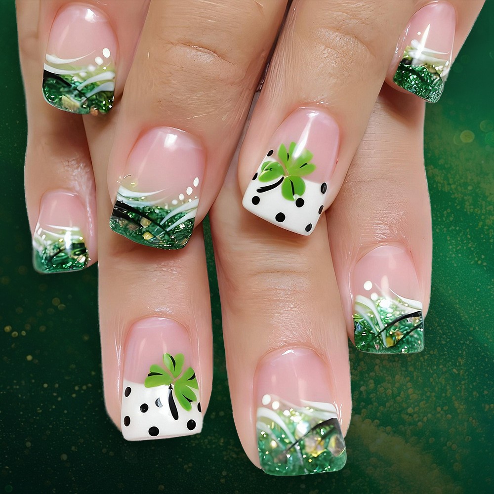 24pcs Green Clover French Press-On Nails. Detachable, Fresh & Festive for Women