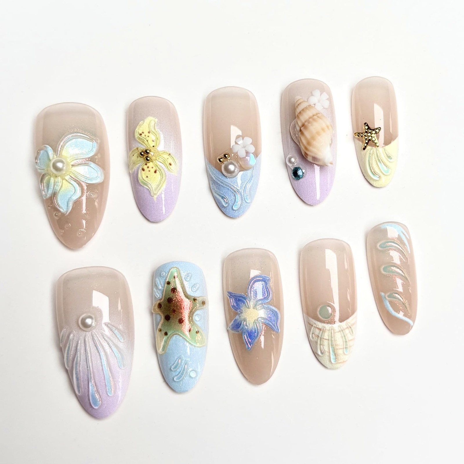 French Tip Press on Nails Long Almond Summer Fake Nails with 3D Hibiscus Flow…