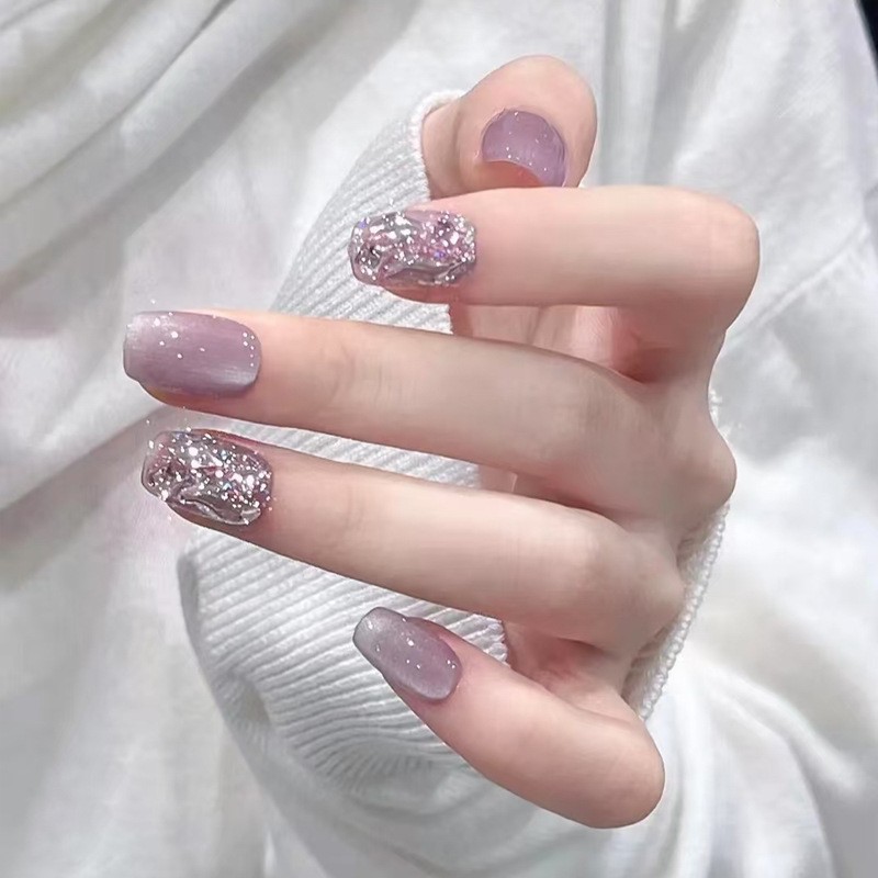 48Pcs-Purple Cat Eye Glitter Press on Nails Glossy Short Square Nail Art Set