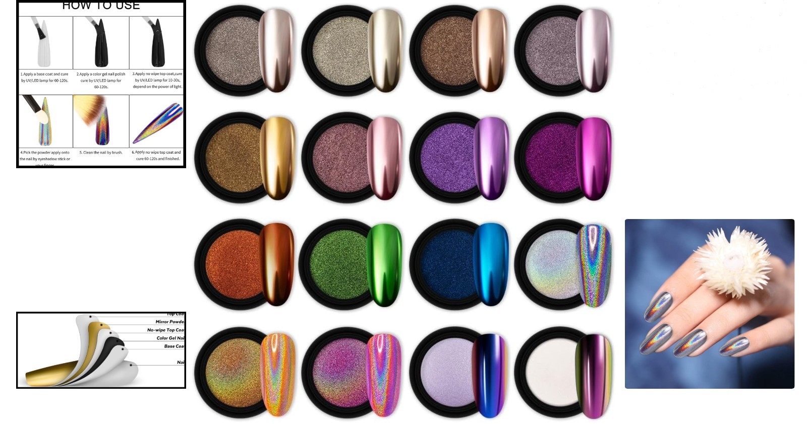 Versatile 16-Piece Chrome Nail Powder Collection for Glittering Nail Creations