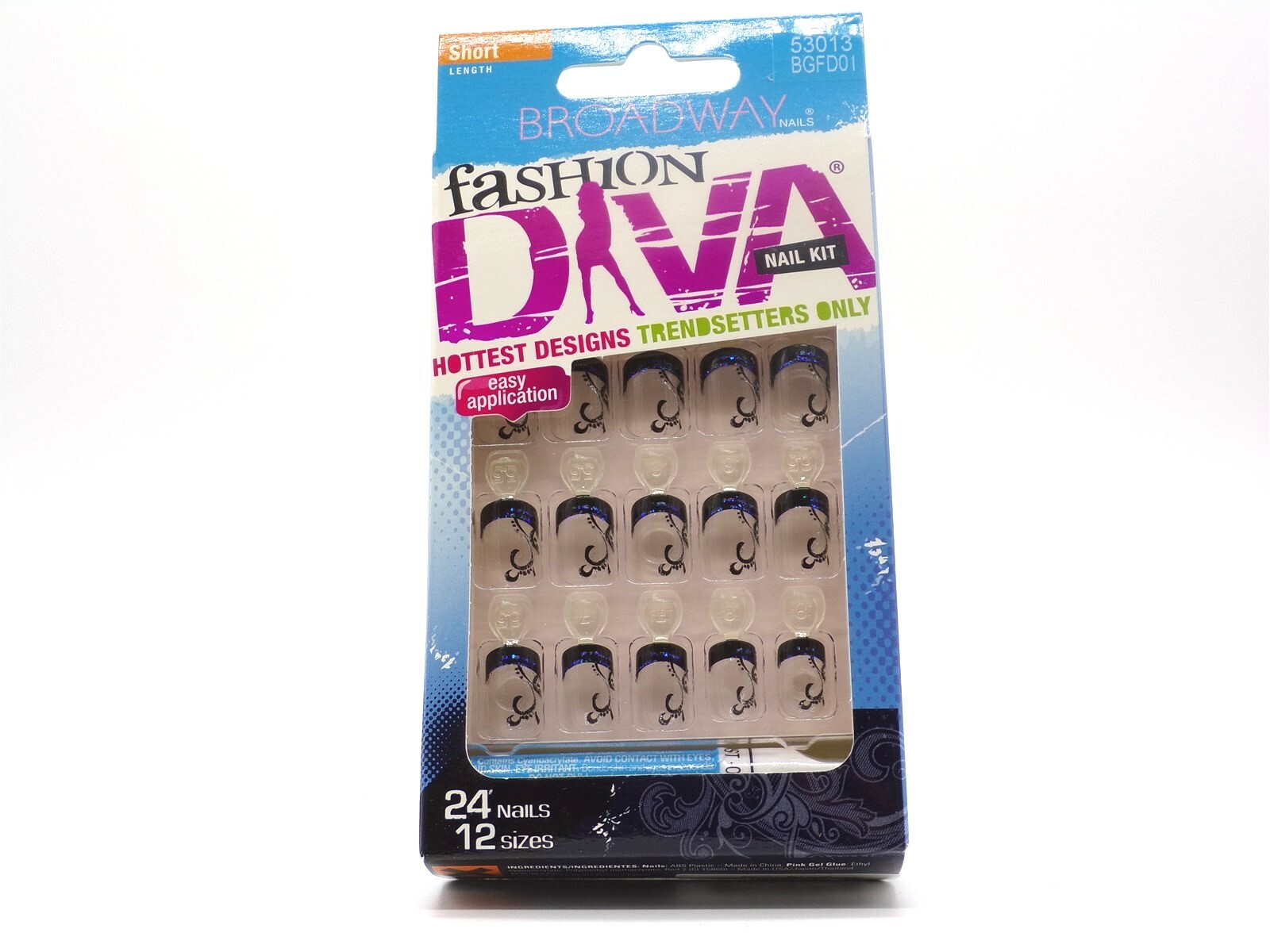 Broadway Fashion Diva Glue On Nails Short Clear Black Tip Fashion Design BGFD01