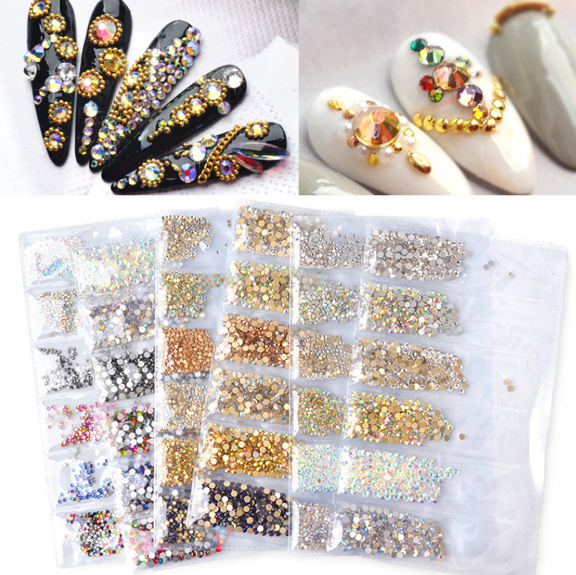 Mixed 1400Pcs SS3-SS8 Nail Art Crystal Glass Flat Back Faceted Rhinestone Beads