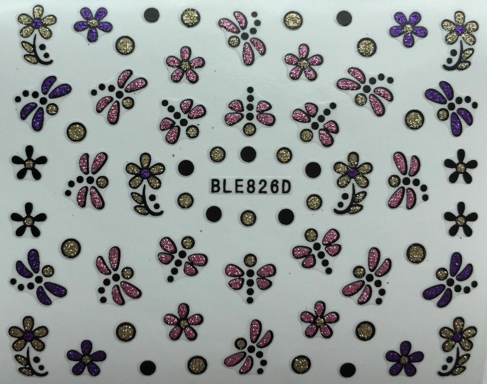 Nail Art 3D Glitter Decal Stickers Dragonfly Flowers Pink Purple Gold BLE826D