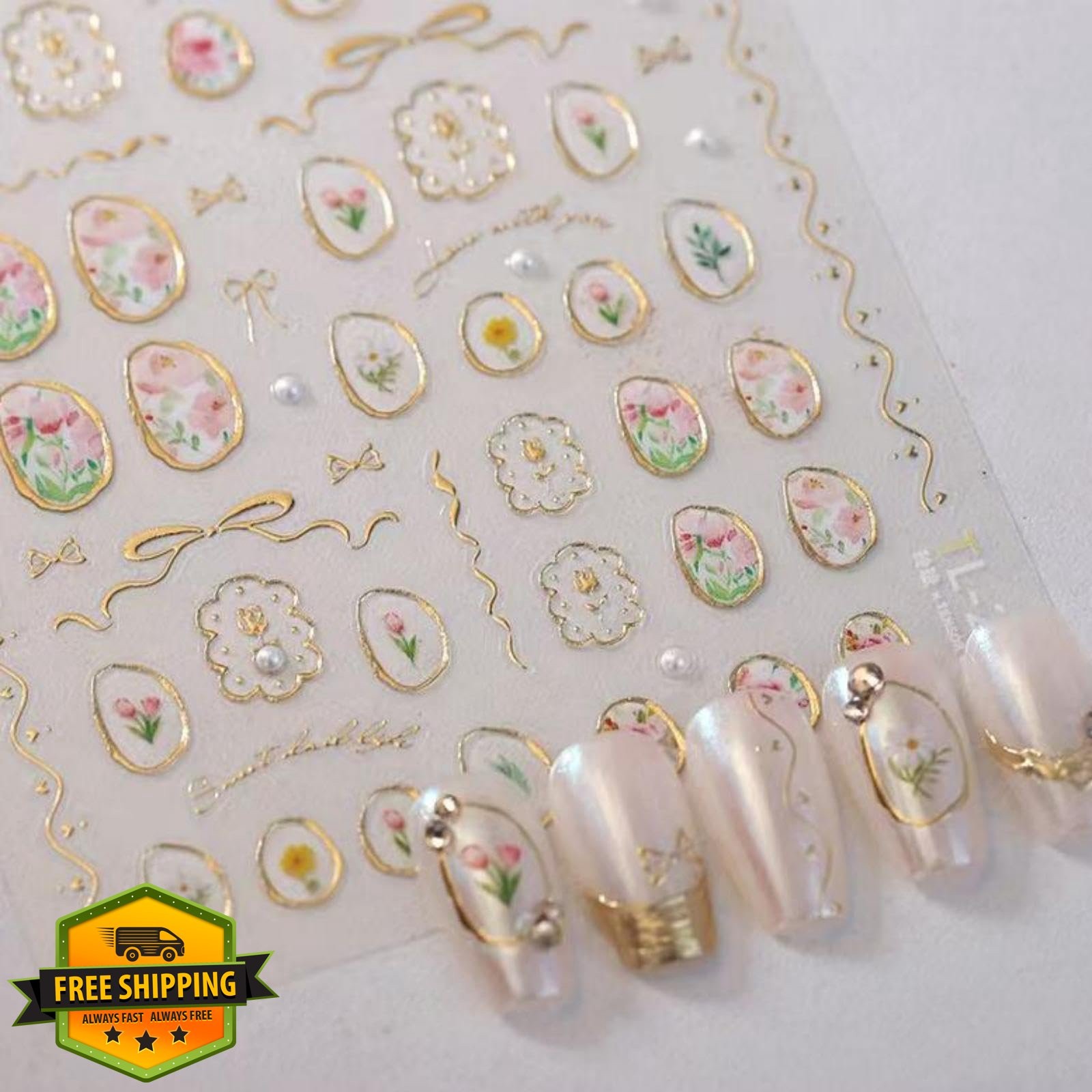 5D Embossed Flower Nail Art Stickers Tulip, Geometric Frames, Self Adhesive