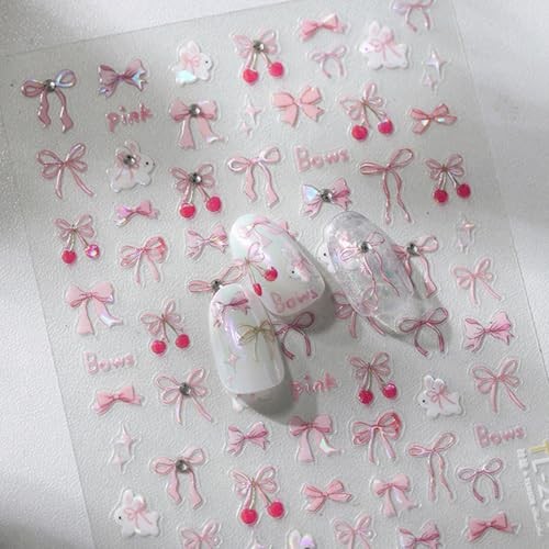 Bow Nail Art Stickers 3D Self-Adhesive Glitter Pink Bows Nail Glitter Bow Style