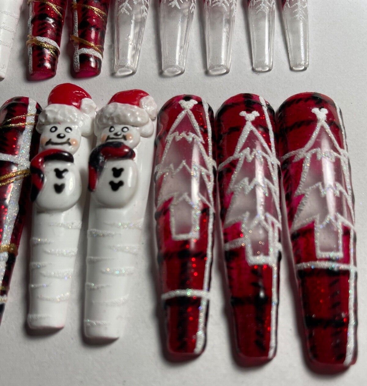 press on nails custom 24 3XL Christmas tree snowman 3-D coffin plaid red sparkle