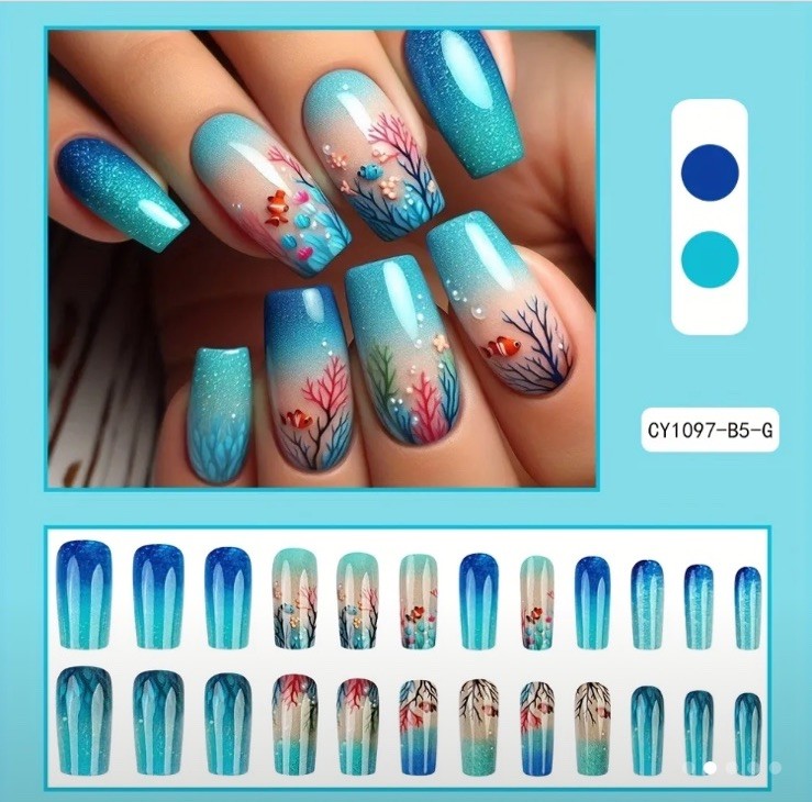Blue Ocean Reef Glittery Nail Tips 24pcs Finished Boxed With Glue & Tabs Nails