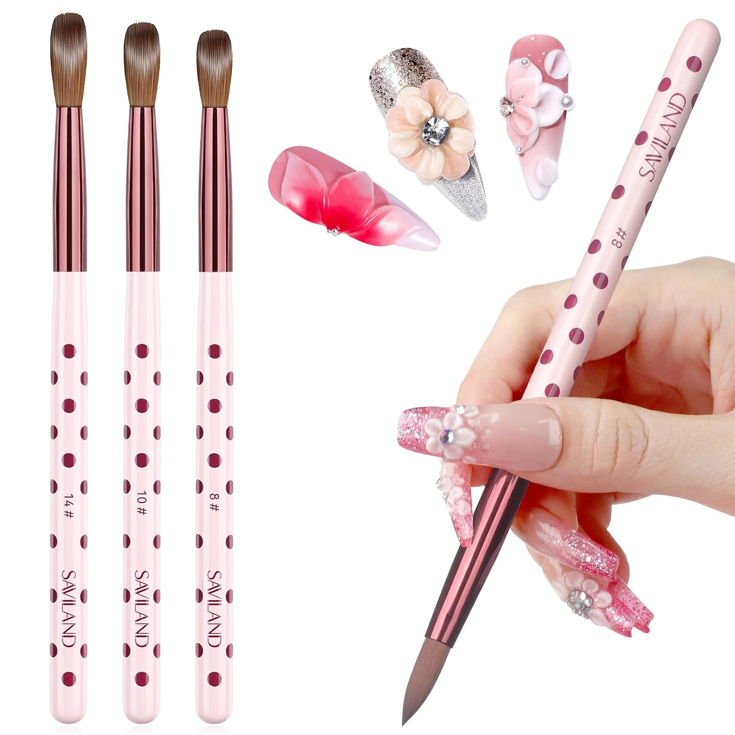 3PCS Acrylic Nail Brush Set Size 8/10/14 Pink | Kolinsky Acrylic