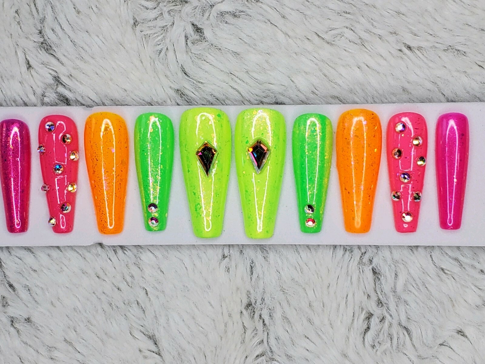 Bright neon rainbow studded crystal nails press on nails bling diamond ballerina