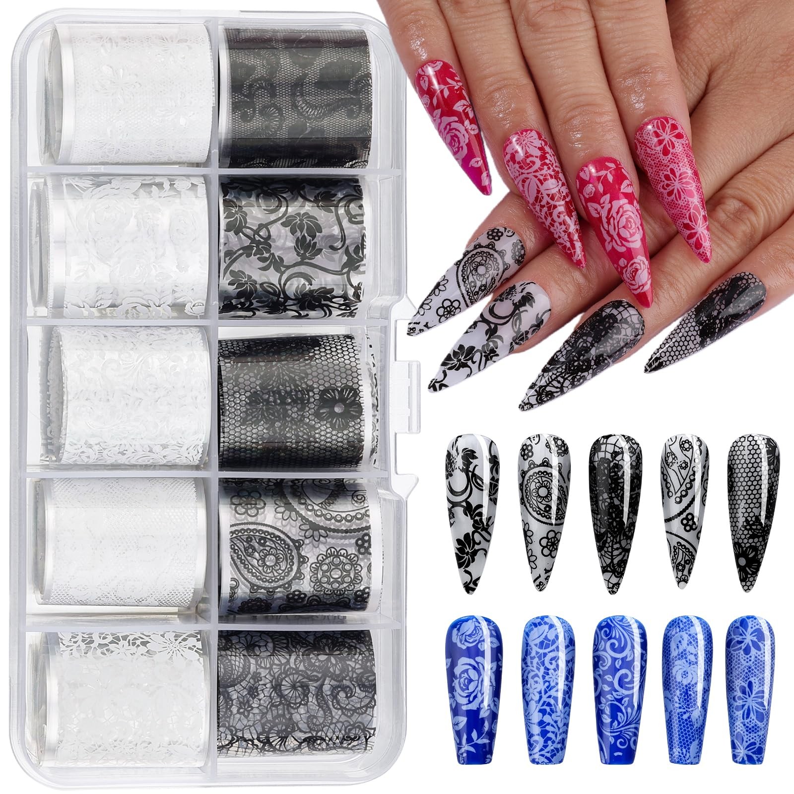 Lace Nail Foil Transfer Sheets, 10 Rolls Black White Flower Art