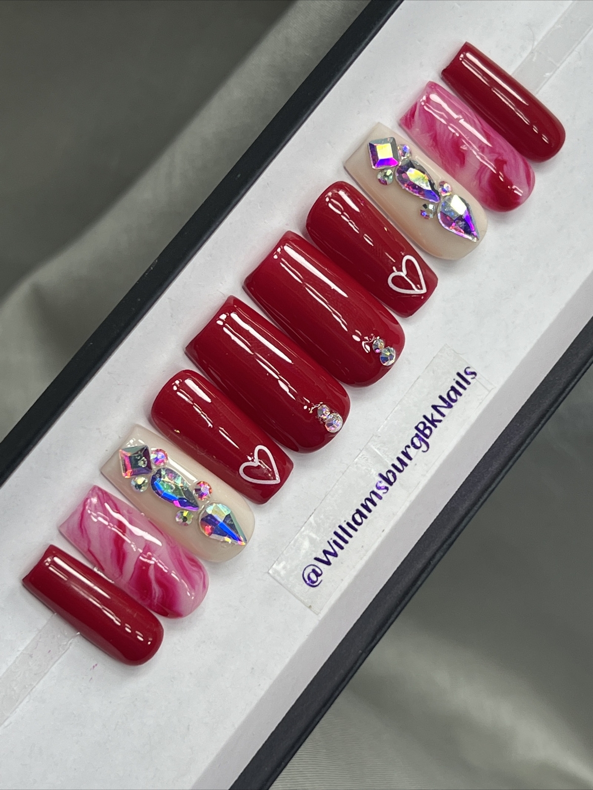 🔥 CUSTOM Gel Press On Nails, RED HEART W BLING 10p FULL SET W Kit