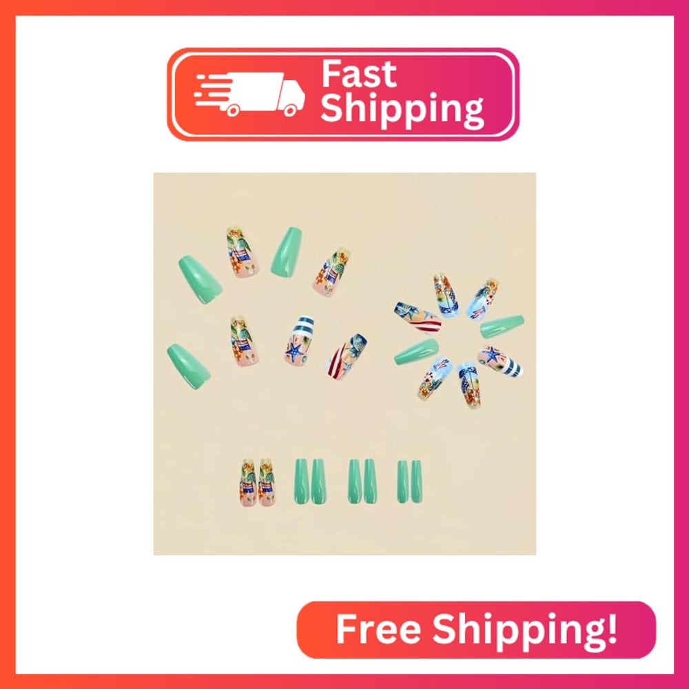 Independence Day Press on Nails Medium Square Stick on Nails with Beach Starfish