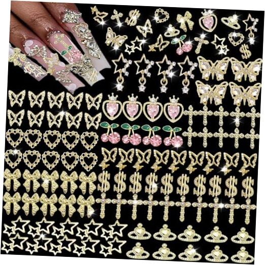 106 PCS Gold Nail Charms 3D Nail Art Charms Cherry Butterfly Cross Bow Star