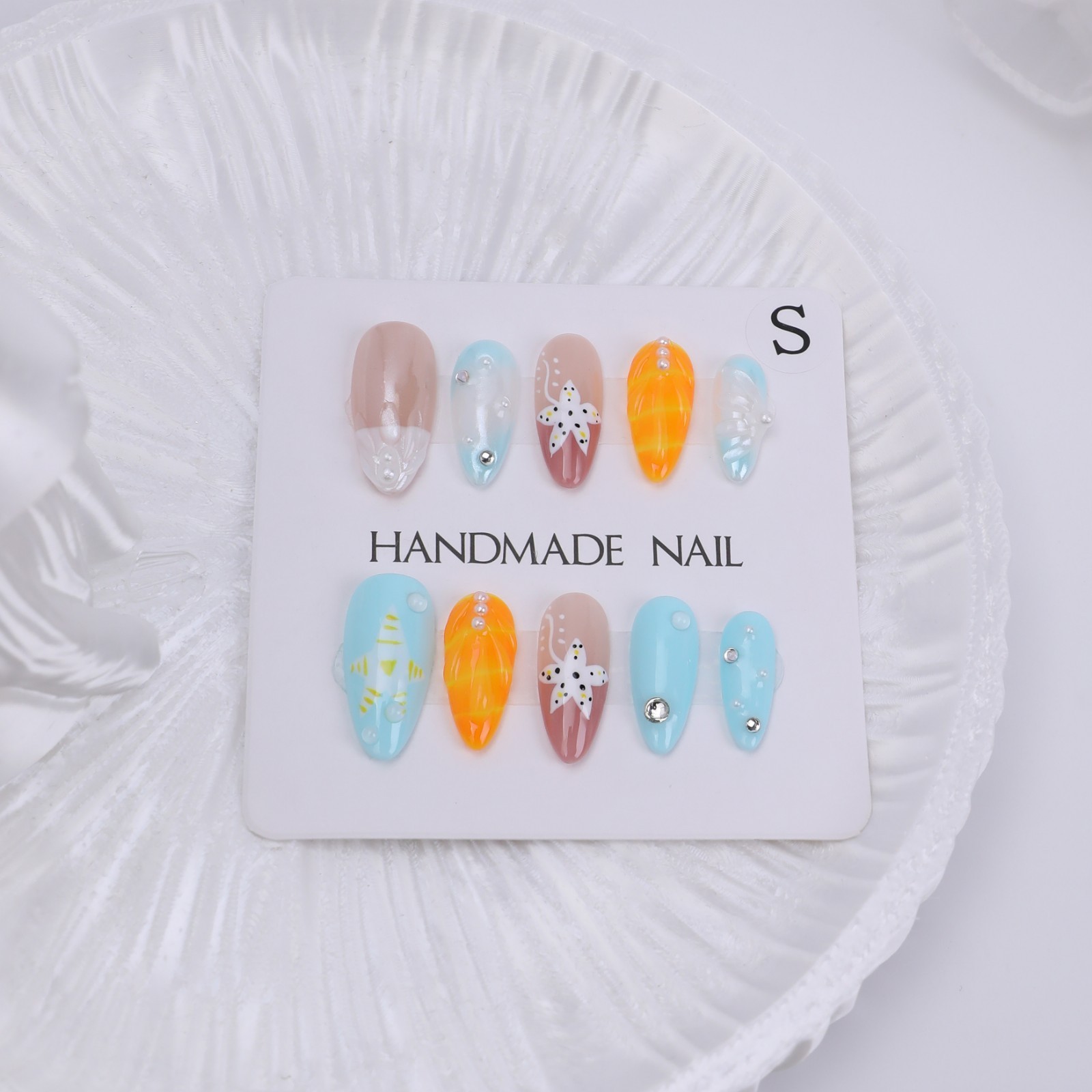 Press On Nails Medium Almond Blue Orange 3D Floral Pearl Summer Beach Nail Set