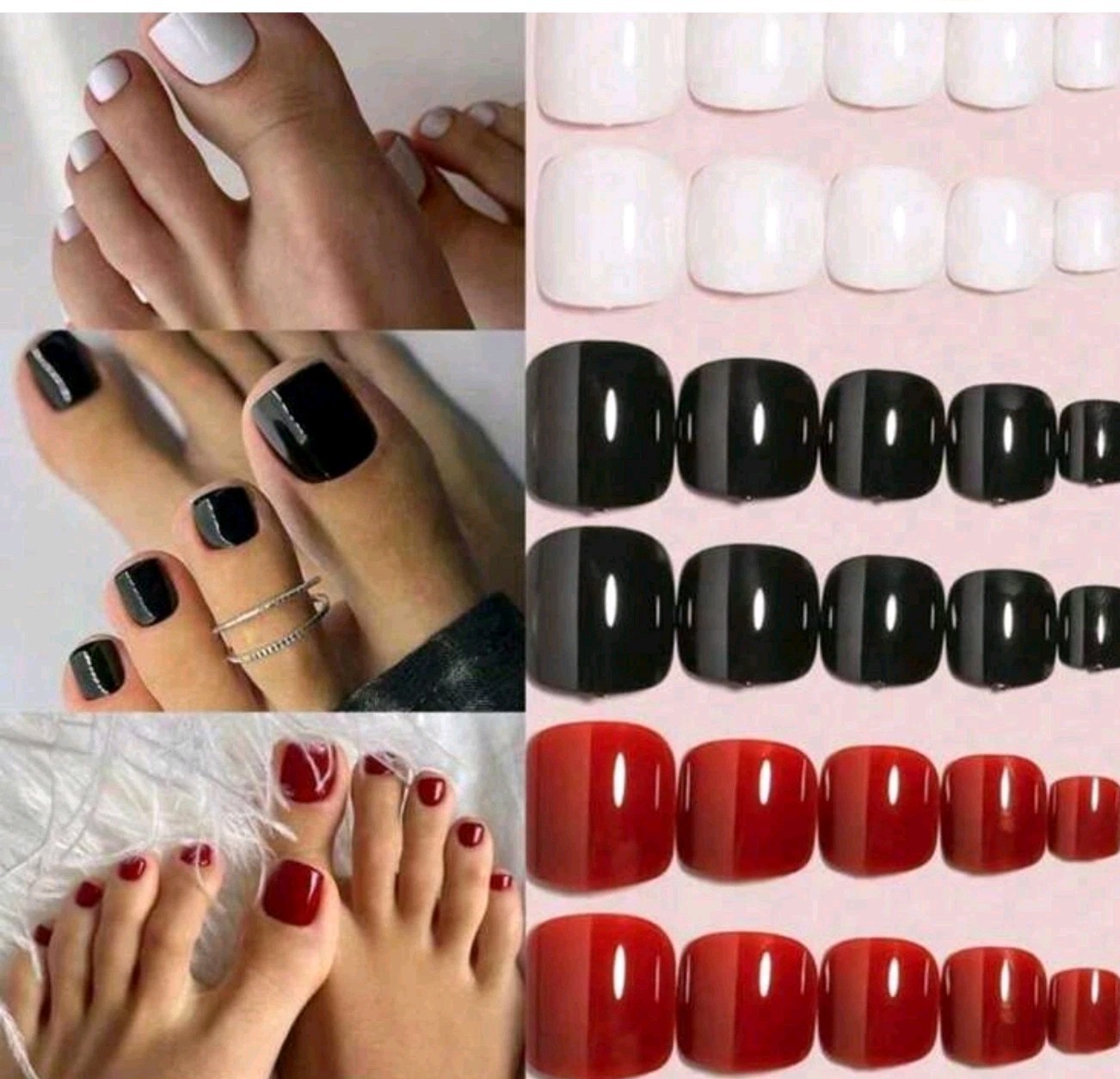 96 Pcs – Red Black And White Toenails Fake Toe Nails Natural -Solid Color Square