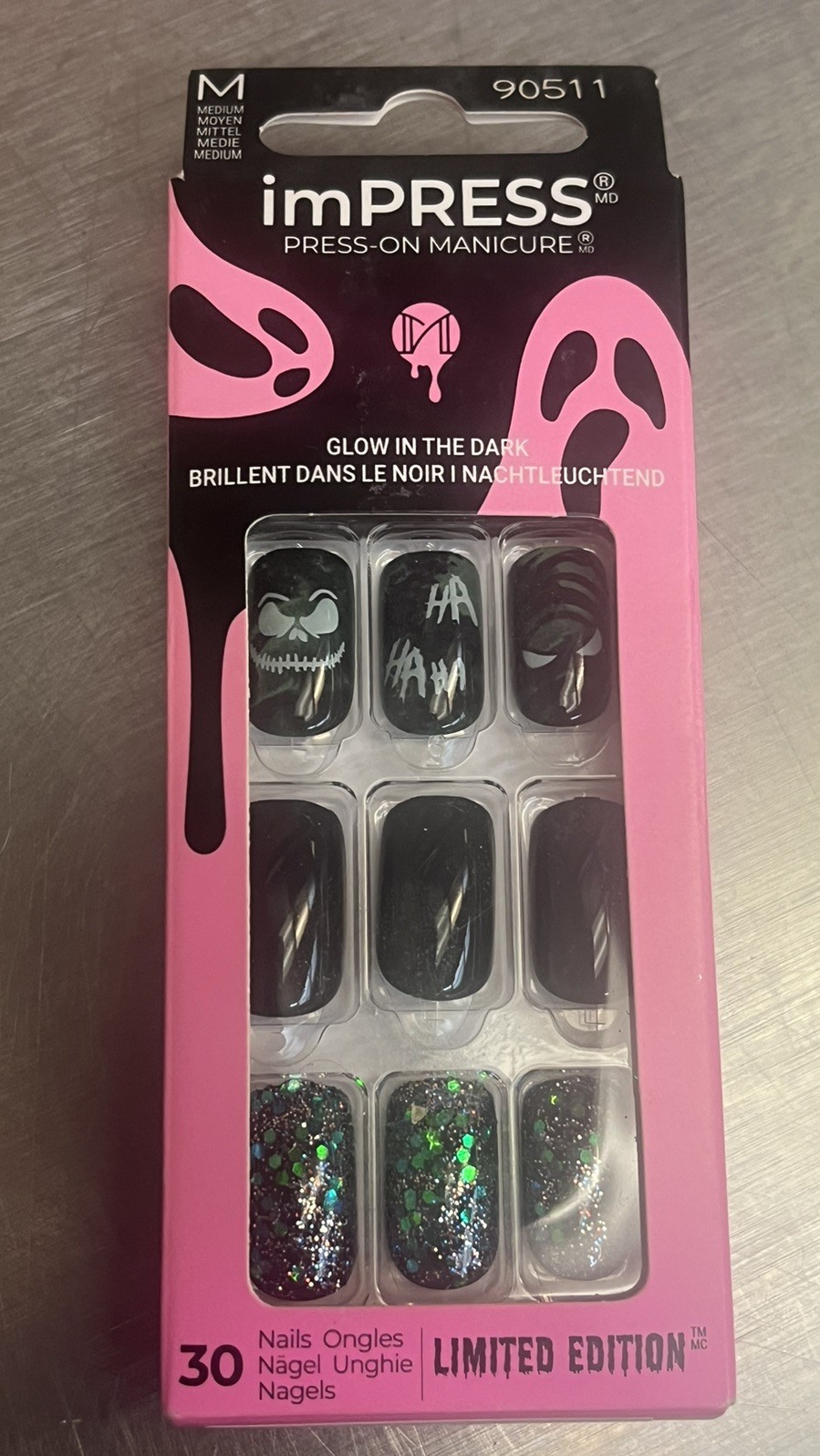 IMPRESS NAILS PRESS ON Medium – Shiny Dark Green Halloween Glow in Dark NEW