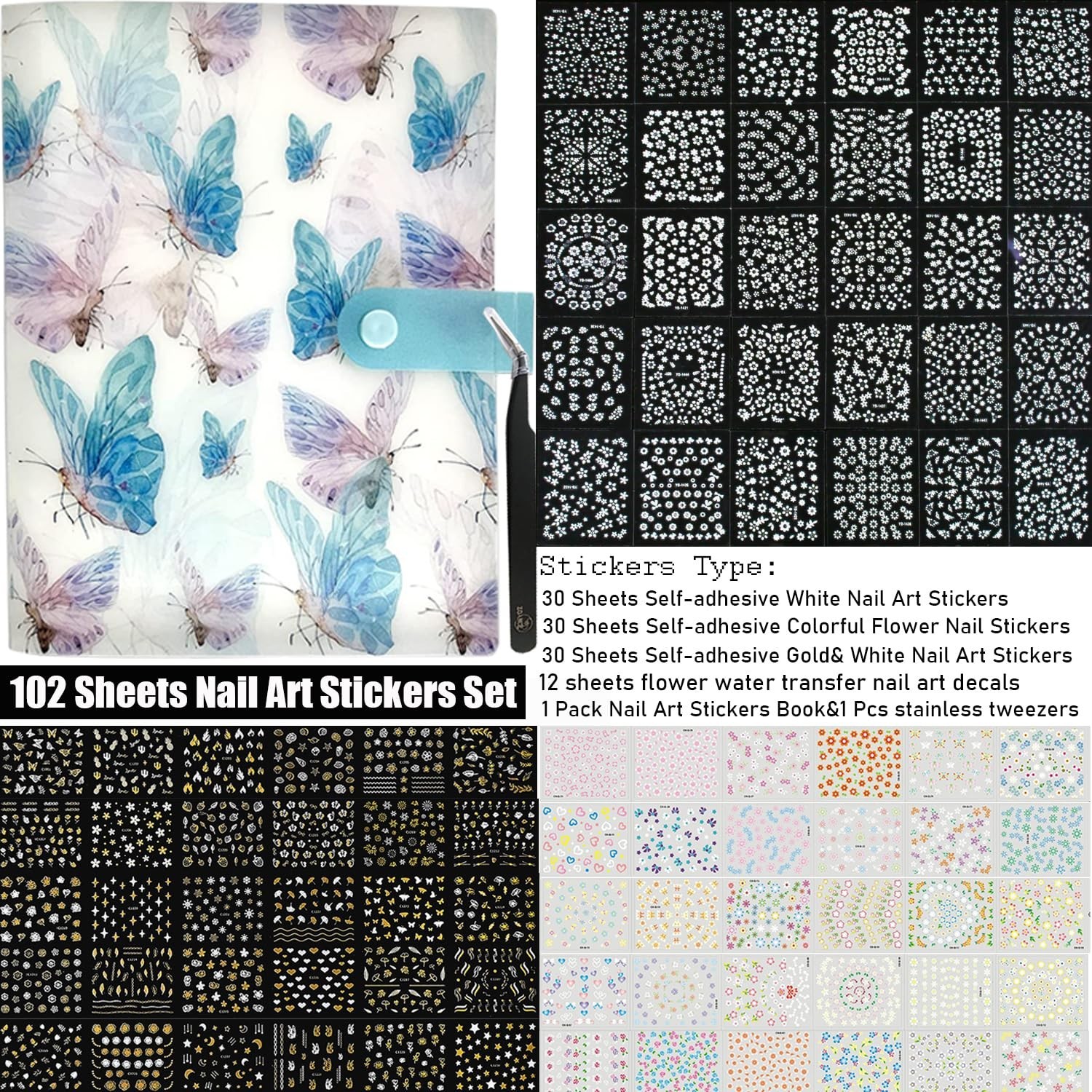 102 Sheets 5200 Pieces 3D Floral Nail Art Stickers & Storage Book – Rhinestone D