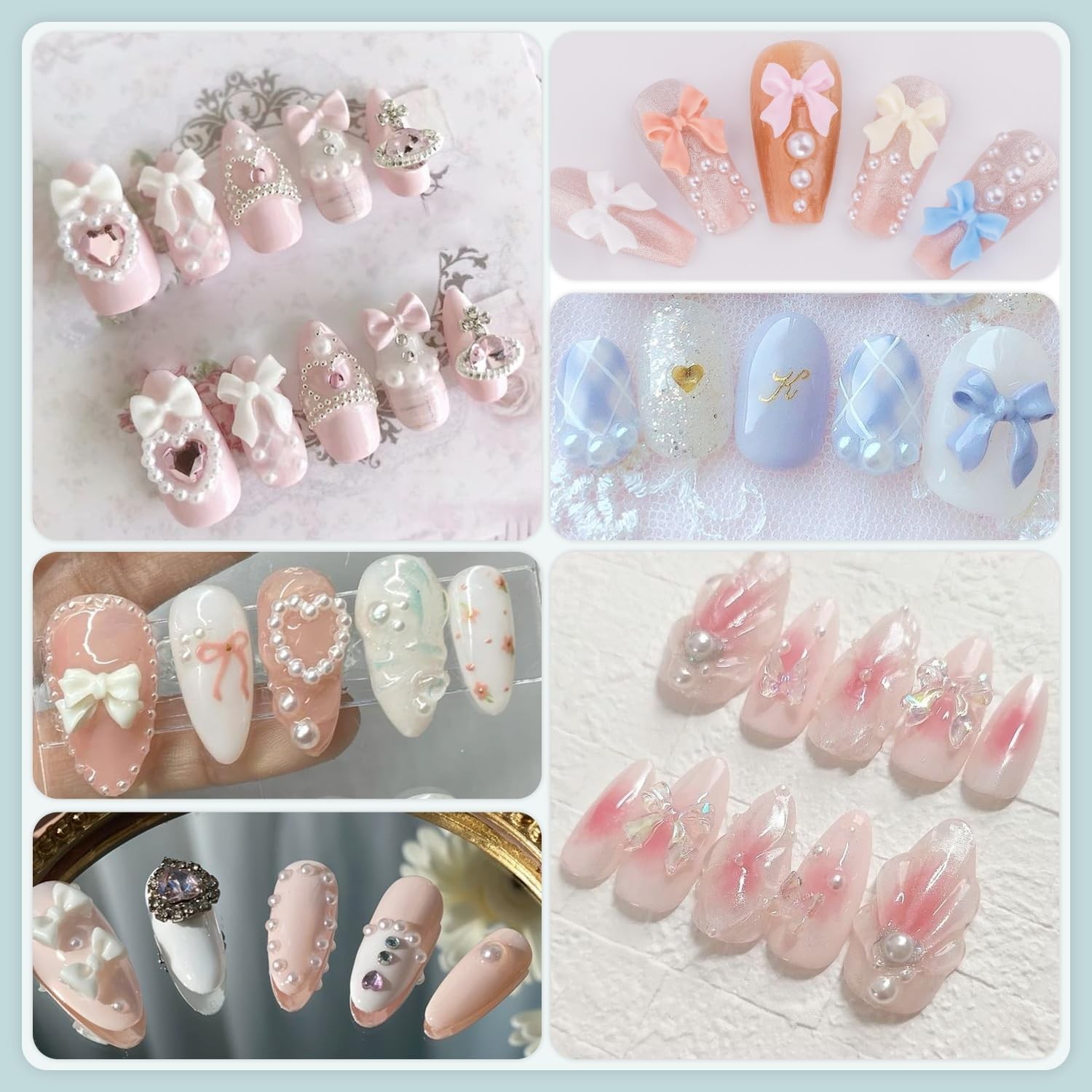 600 Pcs 3D Nail Charms & Flatback Pearls Set – 8 Color Bow Charms for Art
