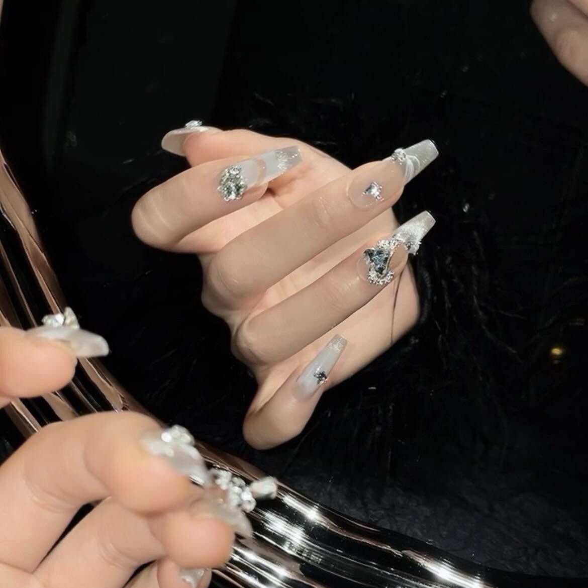 Long Coffin White Press on Nails with Heart and Butterfly Design (#033)