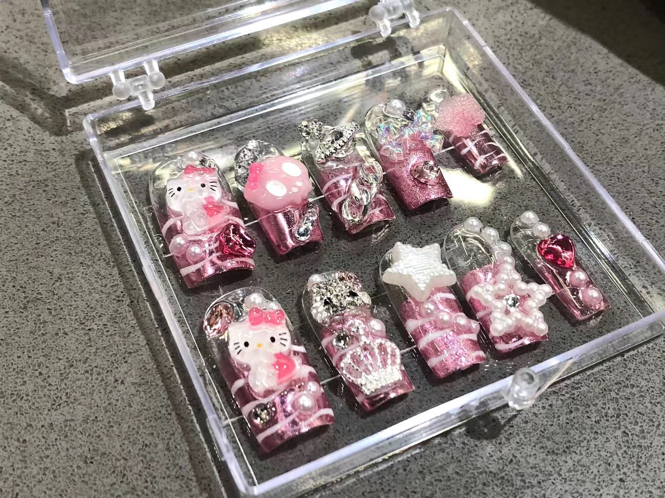 Hello Kitty Pink metallic Pink Handmade Artisan Press On Nails
