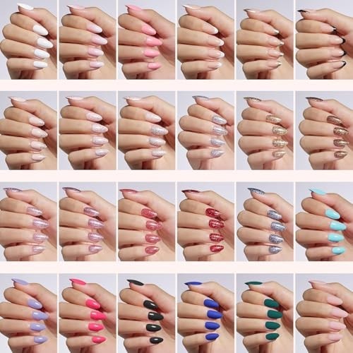 24 Colors Press on Nails Kit – 720 Pcs Short Almond Glossy Matte Glitter, Nail G