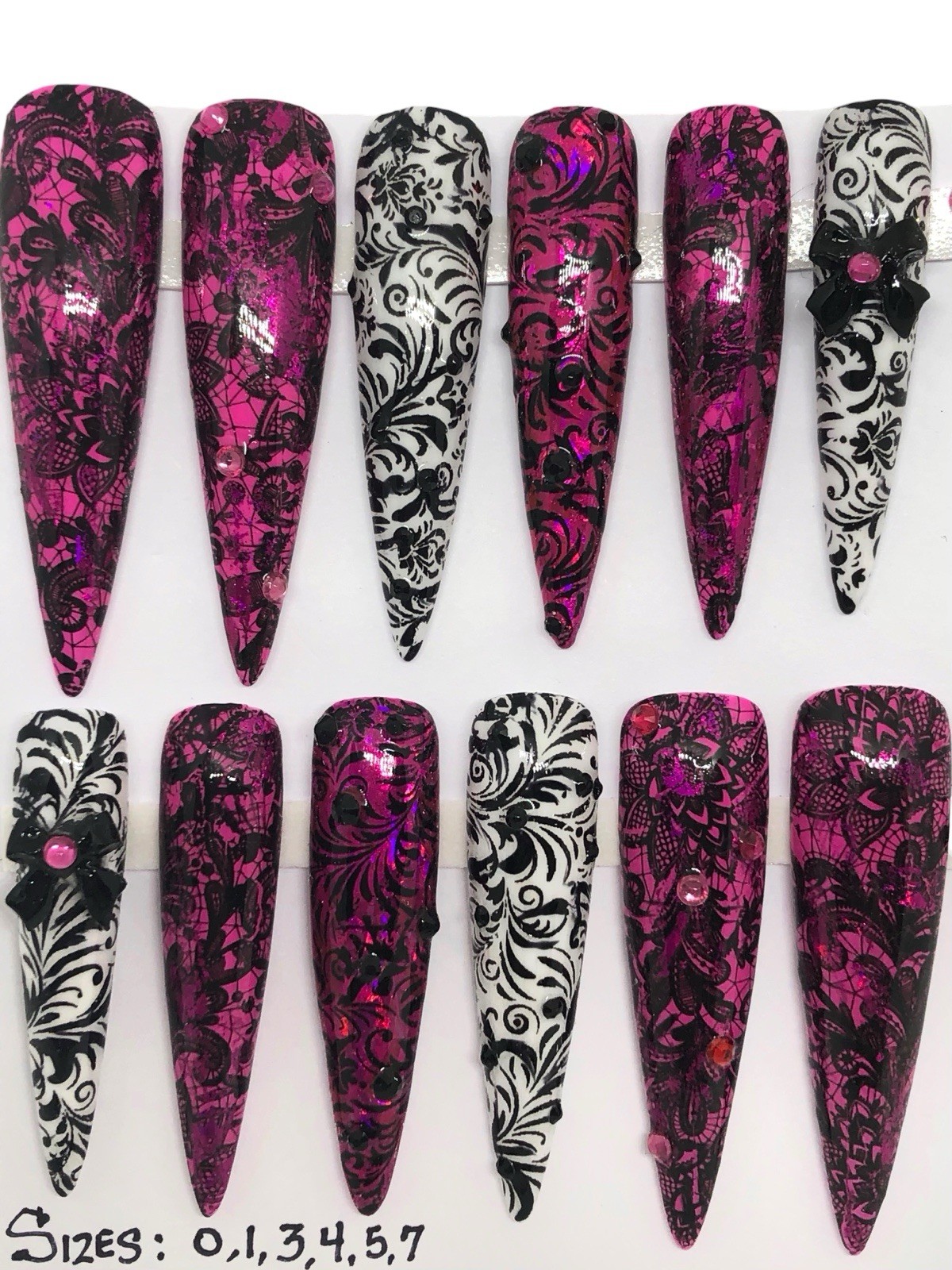 Handmade Custom Press On Nails 2X Length Stiletto Pink White Black Lace Nails