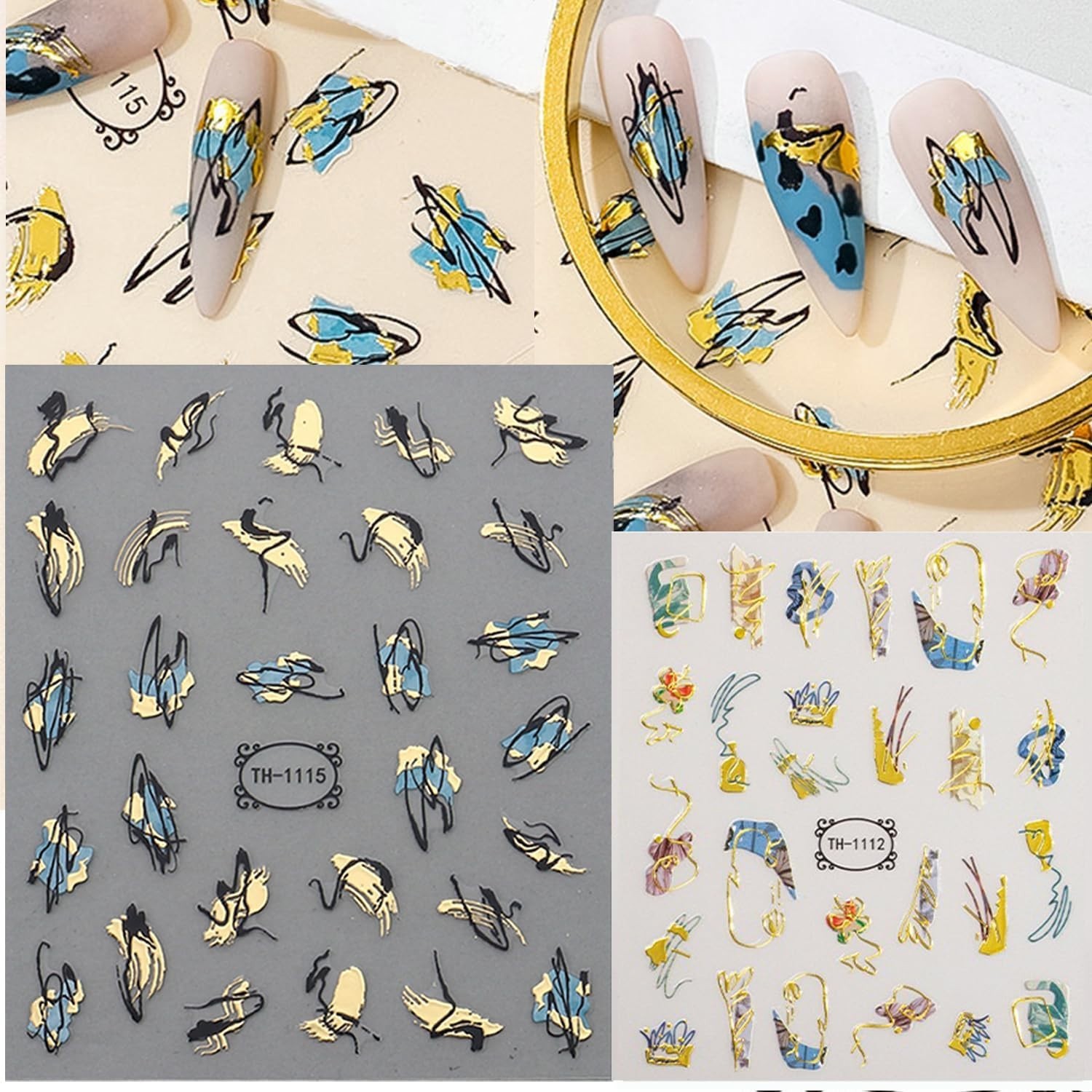 Chic 12 Sheet Nail Decals with Gold Stripe & Floral Patterns – DIY Decoration