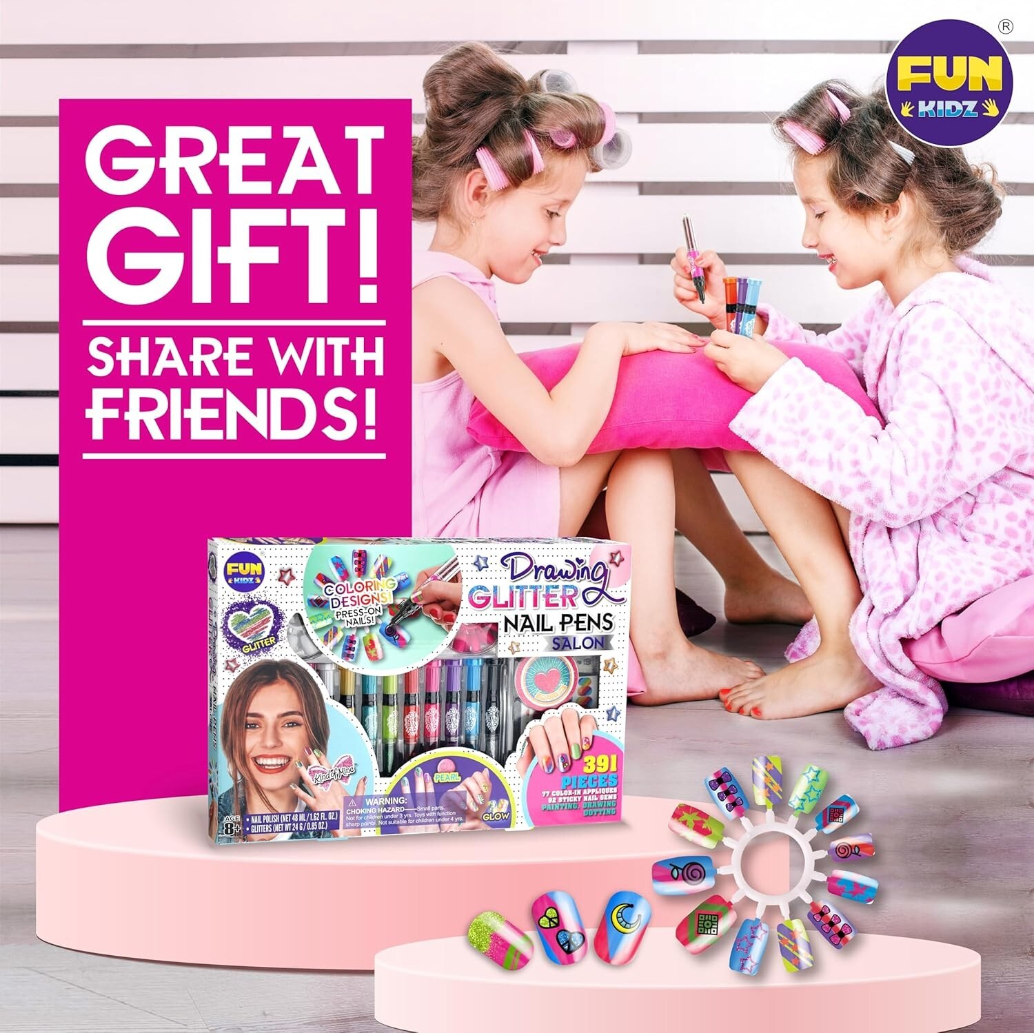 Girls 8-12 Nail Art Combo with 120 Fake Nails and Glitter Pens – Fun DIY Set