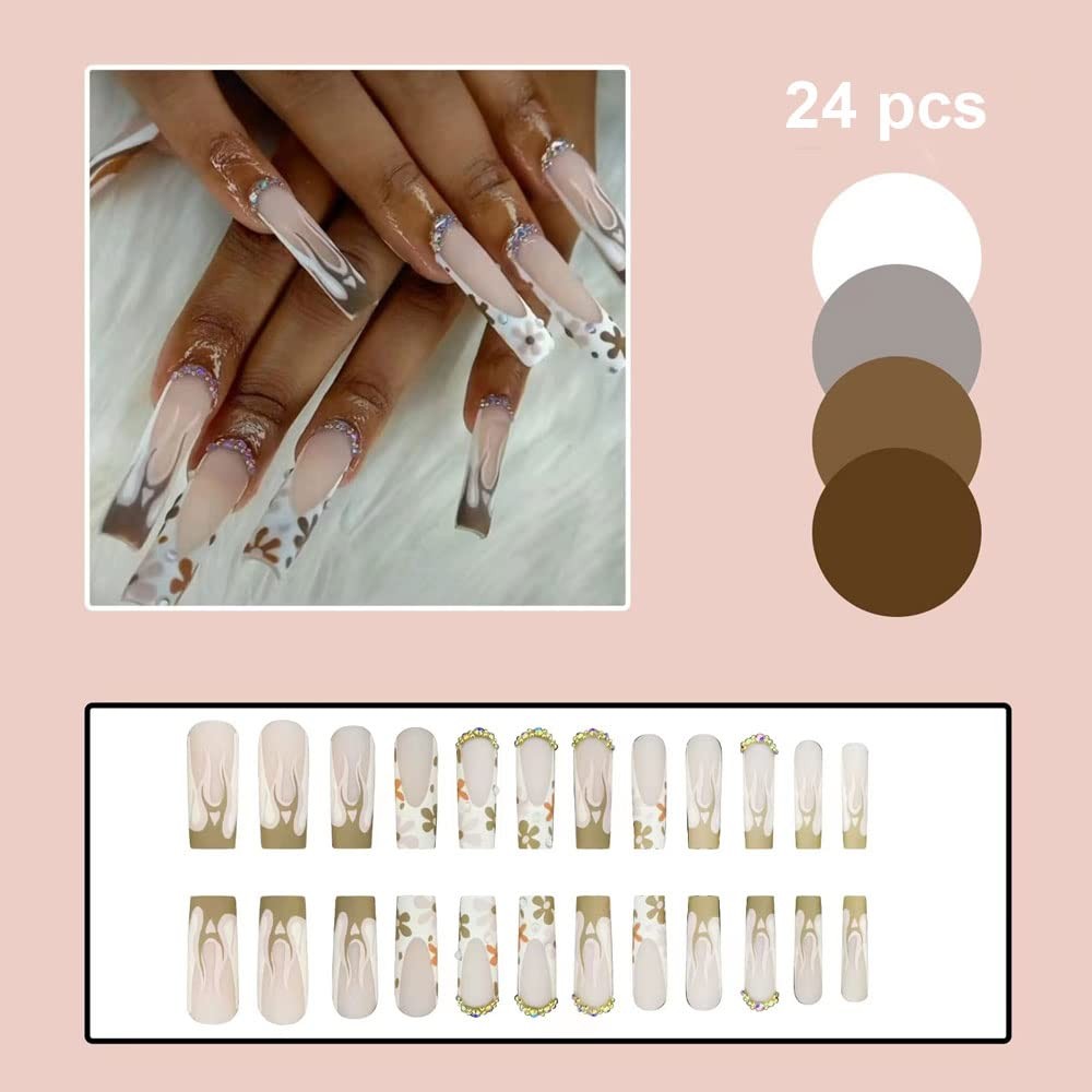 Press on Nails Long Fake Nails French Tips False Nails with Designs 24 pcs St…