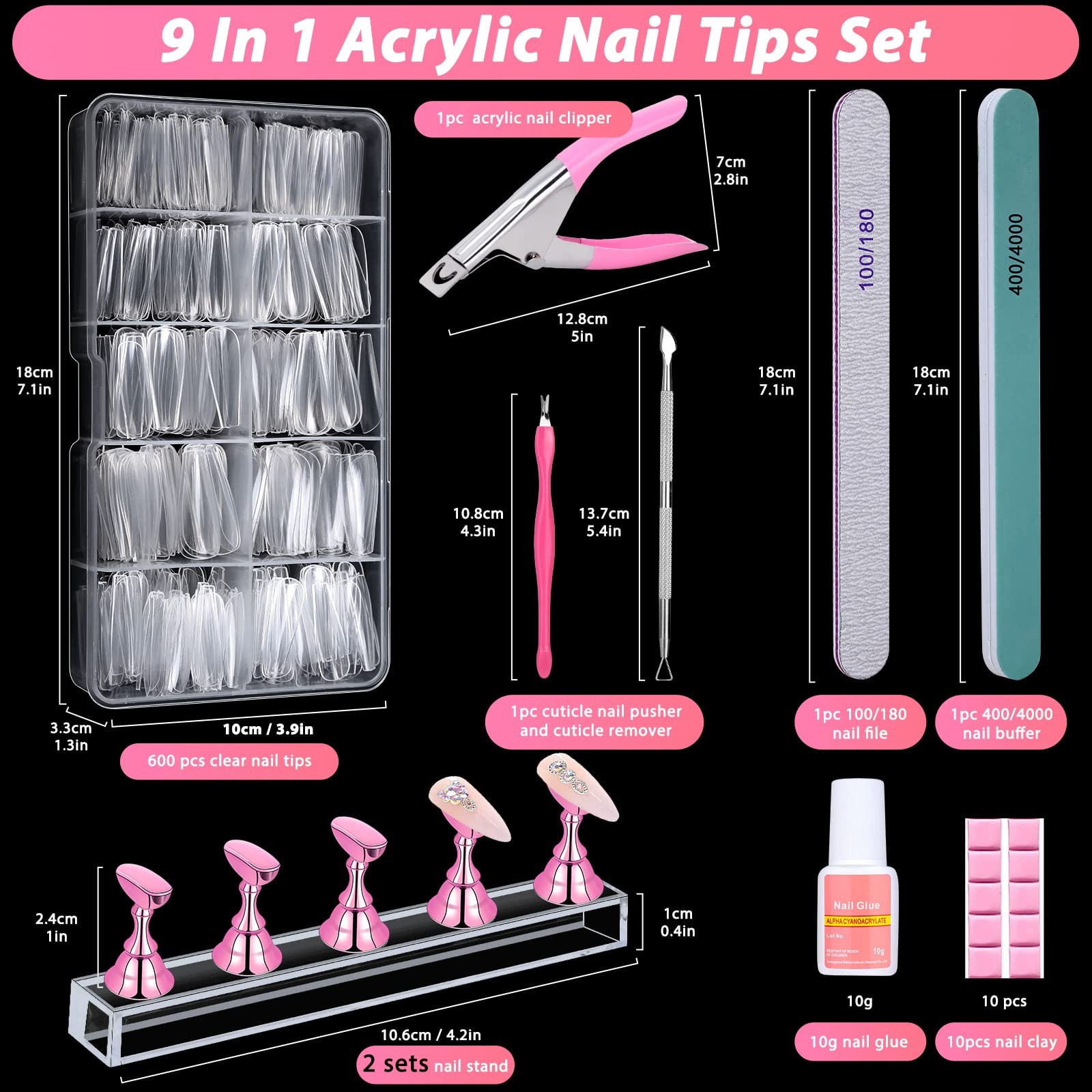 New 600PCS Clear Coffin Nail Tips Set Qinzave Acrylic with Glue Nails Full Cover