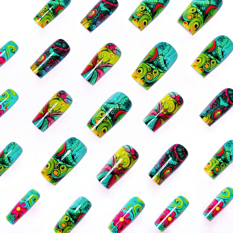 48Pcs-Tribal Fake Nails Neon Green Pink Mandala Floral Coffin Boho Ethnic Nail