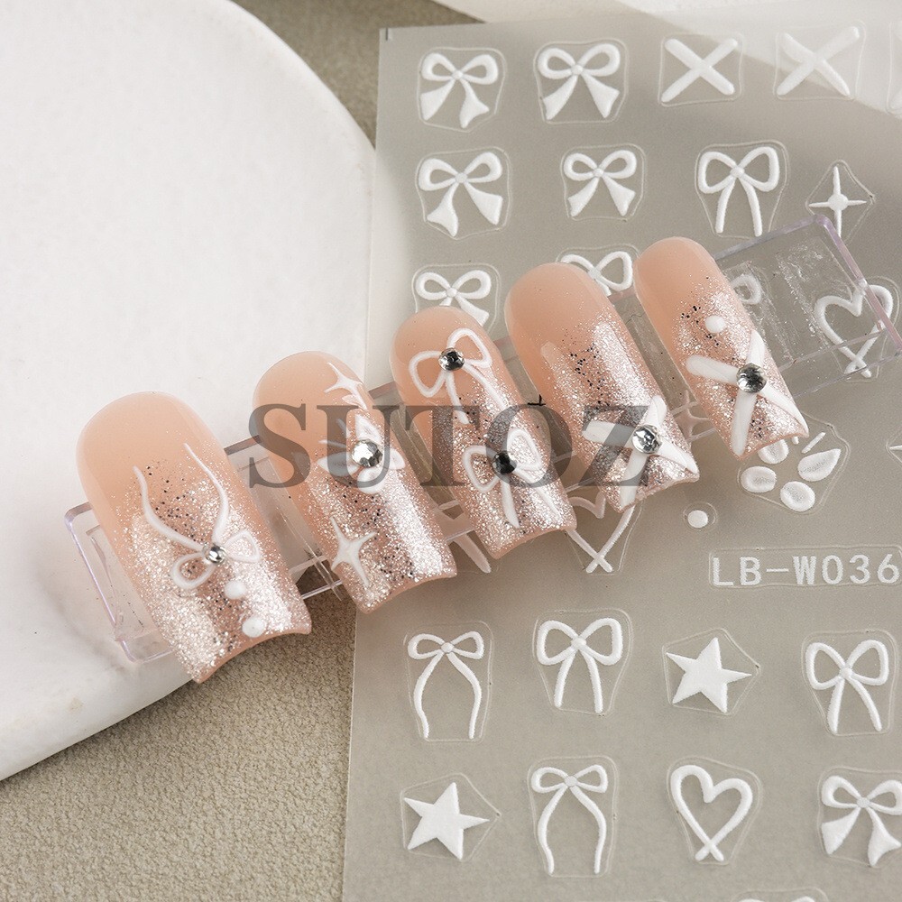 2Sheets Nail Art Stickers Pink White Bow Tie Heart Star French Tip LBW35/36 NH28