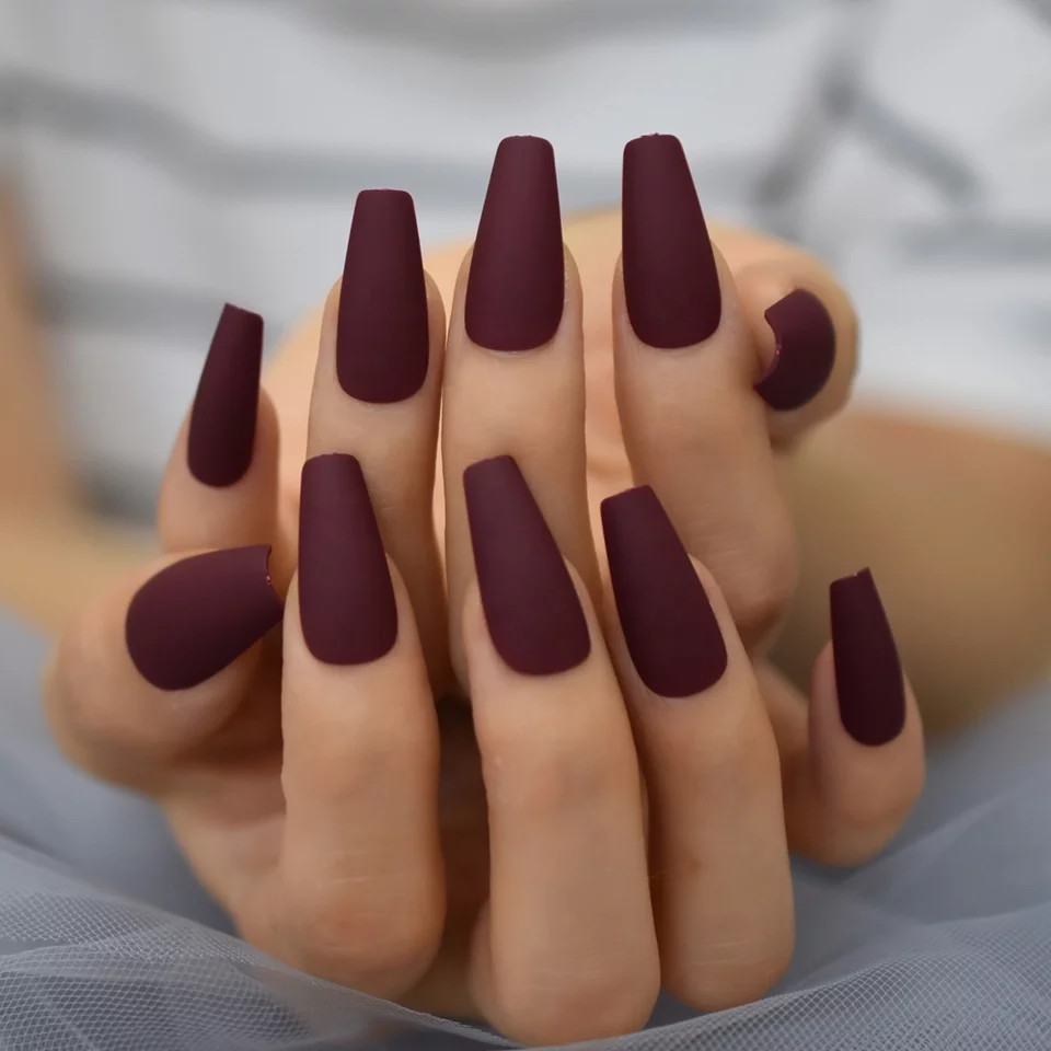 24 New Matte Burgundy Coffin Press on nails kit glue goth mulberry maroon