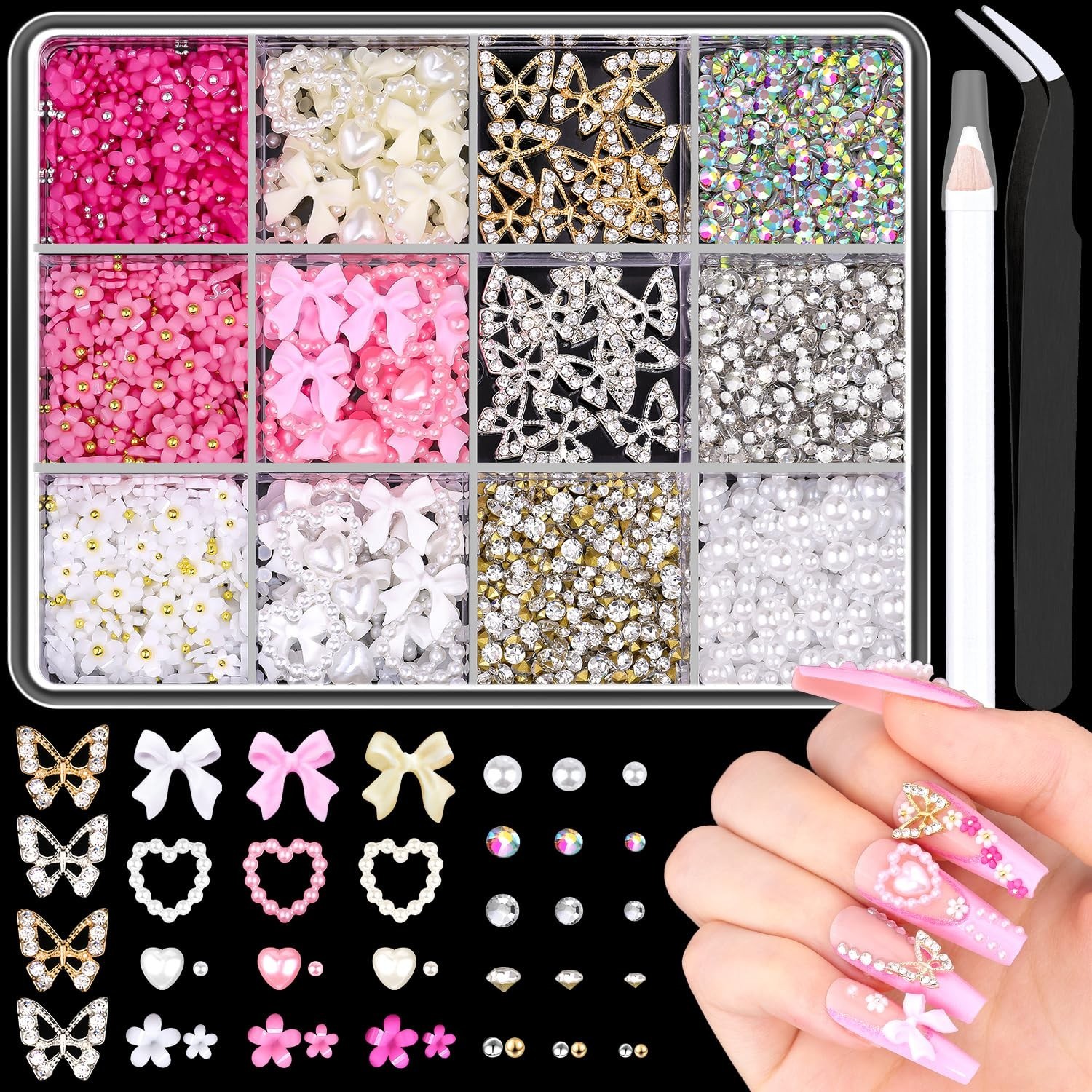 3D Nail Charms Set: 20PCS Butterfly + 75PCS Bow & Heart + Gems, Tools Included
