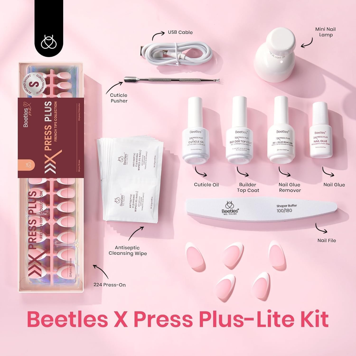 Beetles All-in-One Gel Nail Kit: 224 French Almond Press On Nails & Mini Lamp