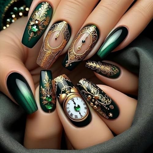 Dark Green Gradient Press on Nails Long Coffin 1 Fl Oz (Pack of 1) Green Gold