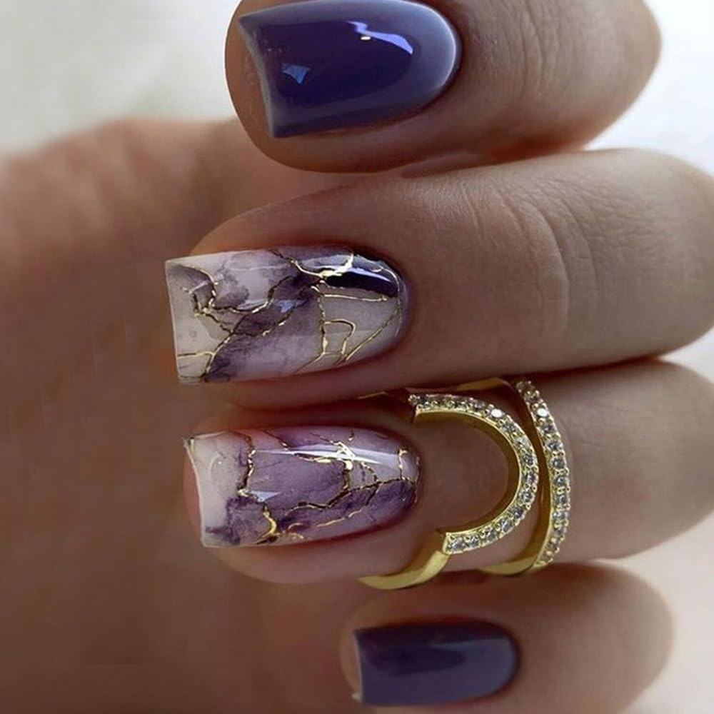 Purple and Gold Press on Nails Short Square Marble Medium Fake Nails | Gold Line