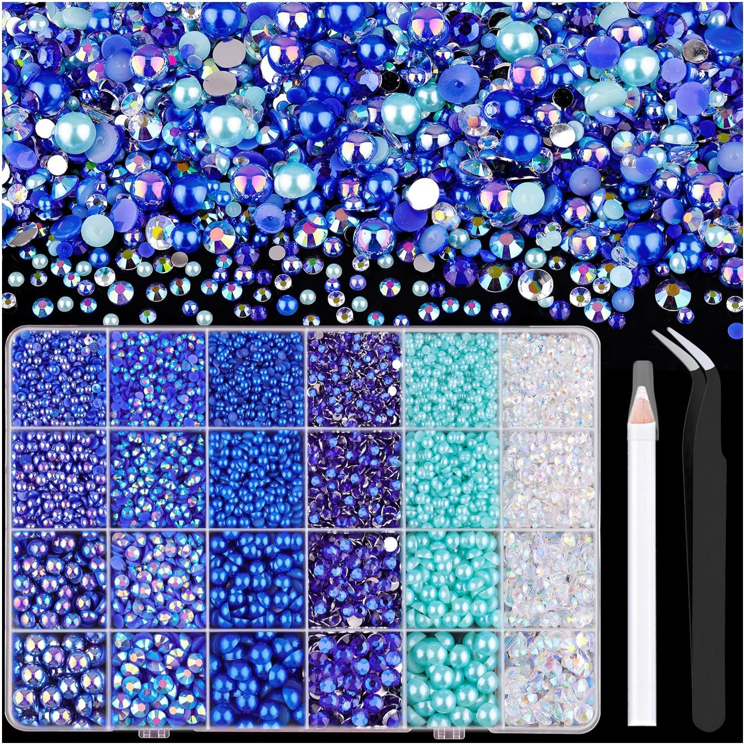 14000PCS Flatback Pearls and Blue Rhinestones for Bedazzling Kit | Dark Blue Mix
