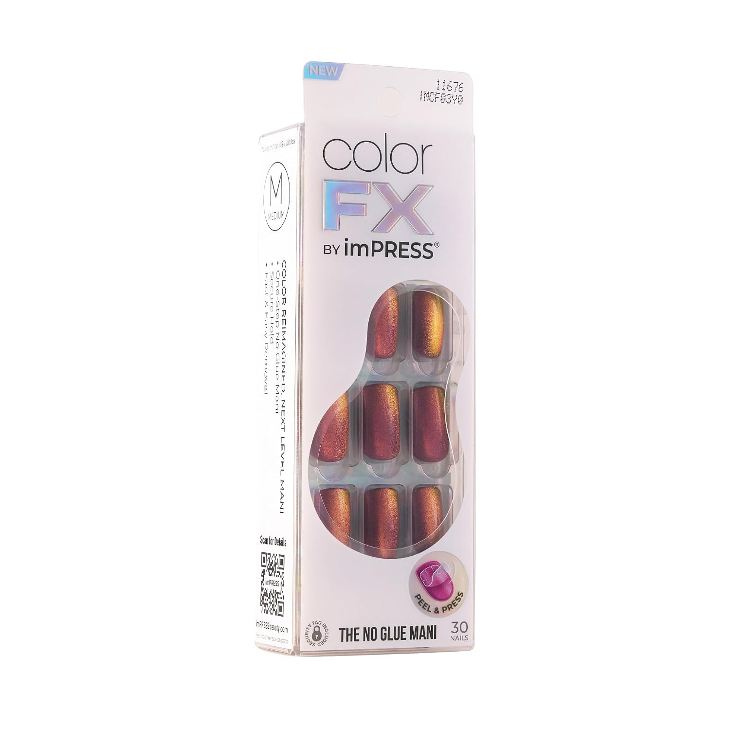 KISS Impress Color FX No Glue Mani 30 Pcs Press on Nails, Medium False Nails, Me