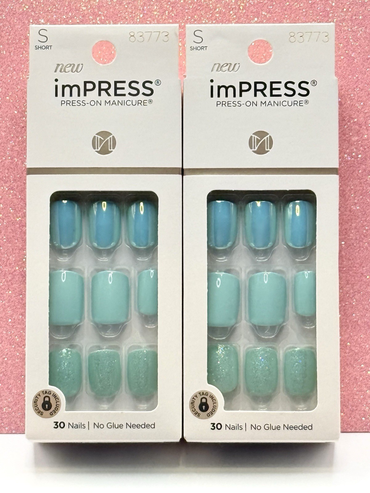 Kiss imPRESS No Glue Press-On Nails Manicure Short Aqua Blue Glitter Lot Of 2