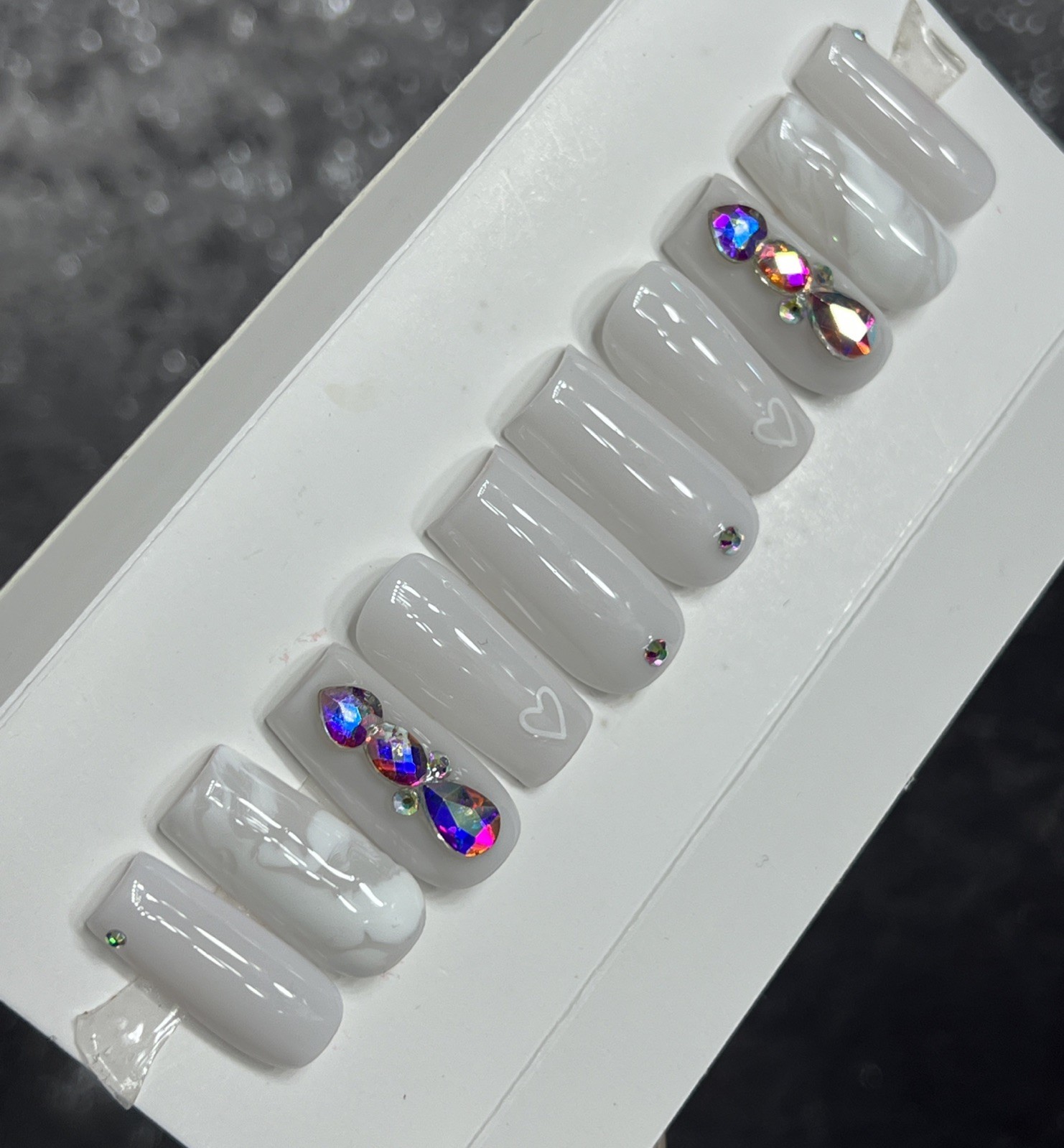 🔥 CUSTOM Gel Press On Nails, MILKY WHITE HEART W BLING 10p FULL SET W Kit