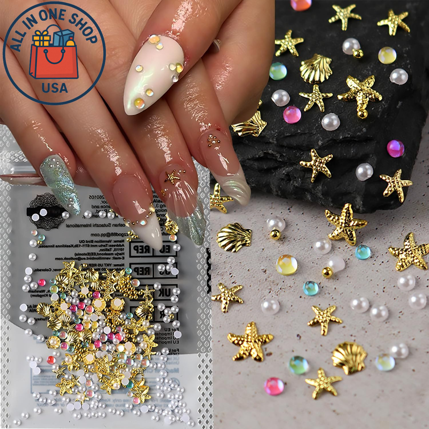 Summer Ocean Nail Art Charms – 3D Gold Starfish & Shell with Pearls