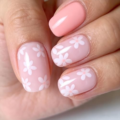 Pink Press on Nails – Short Square Floral Designs – 24 Pcs – Easy to Use