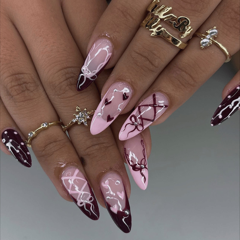 48pcs Almond Press on Nails, Burgundy Pink Heart Lace Hand Drawn Glam Nails