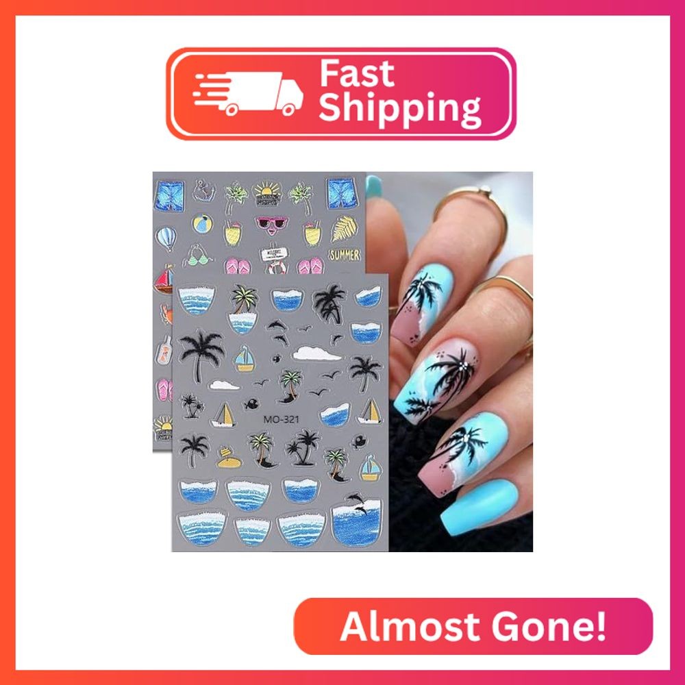 TBRZTR Summer Beach 3D Self-Adhesive Nail Art Stickers – Coconut Tree, Starfish,
