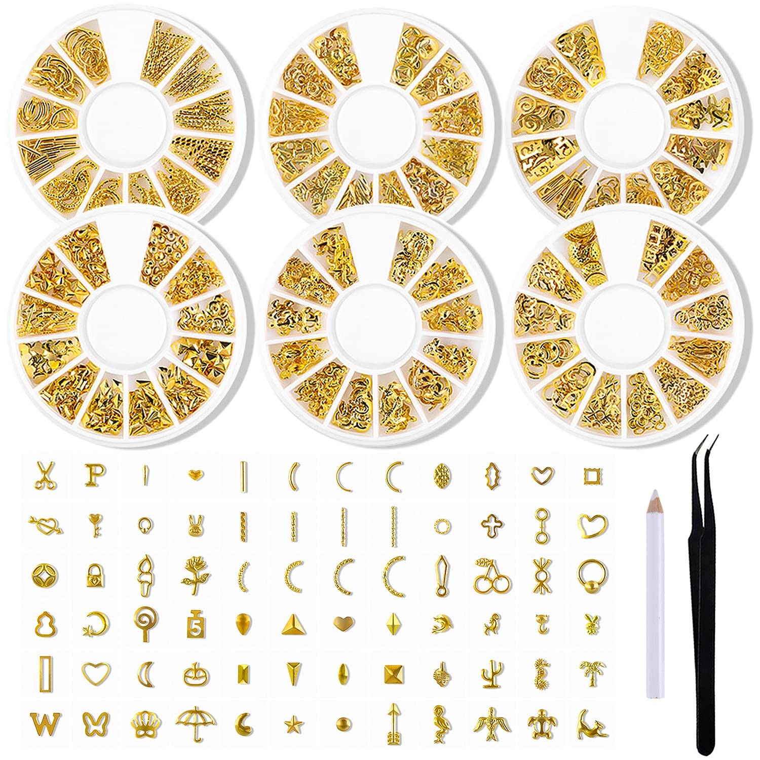 6 Boxes Gold Metal Nail Studs Heart Star Moon Sea Creatures Gold Nail Charms …